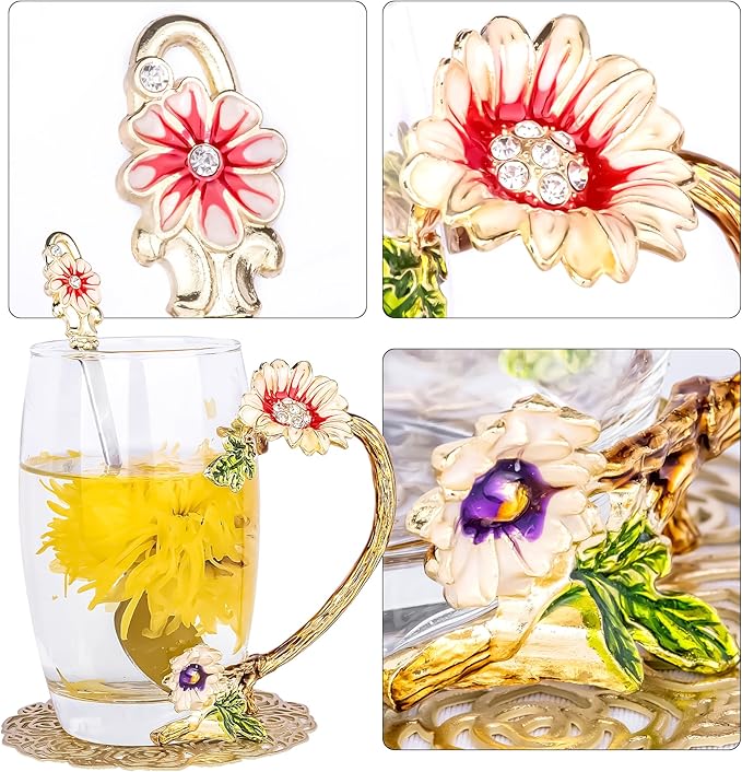 Flower Tea Cup,Butterfly Daisy Glass Fancy Coffee Mug with Spoon,Gift Box for Her Mom Wife Grandma Girls Friends Valentines Christmas Birthday Present Idea for Juice,Hot/Cold Drinks Use (purple) - Bloomnest