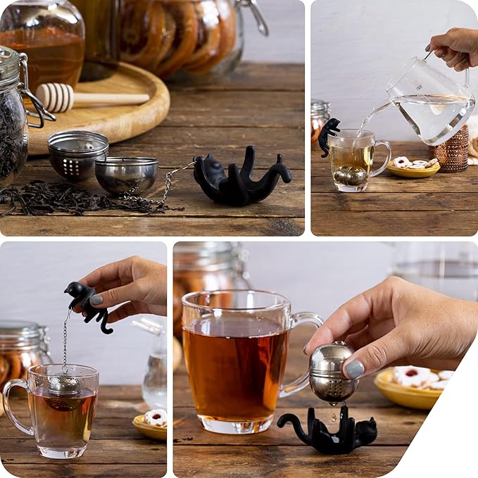 PELEG DESIGN Animal Tea Strainer, Cat, Stainless Steel, Catty, Tea Strainer, Tea Infuser, Black