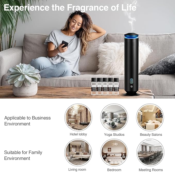 Waterless Scent Diffuser Starter Kit - 1500 Sq Ft Coverage, Scent Diffuser for Home, Hotel, Studio, Essential Oil Diffuser Large Room, 7 Mood Lights Setting, 5 Essential Oils Included, Black, 11.50In - Bloomnest
