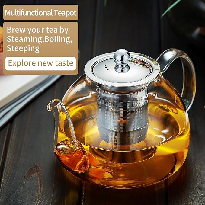 40OZ (1200ML) Glass Teapot with Infuser Stovetop Safe, Clear Glass Tea Pot Kettle, Borosilicate Tea Pot with Infusers Filter for Loose Tea, Tea Kettle Dishwasher Safe - Bloomnest