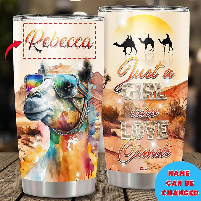 WAZONE Personalized Tumbler With Name 20oz 30oz Just A Girl Who Loves Camels Cute Animal Print Travel Coffee Mug Insulated Cup Stainless Steel Christmas Birthday Customized Gifts For Girls - Bloomnest