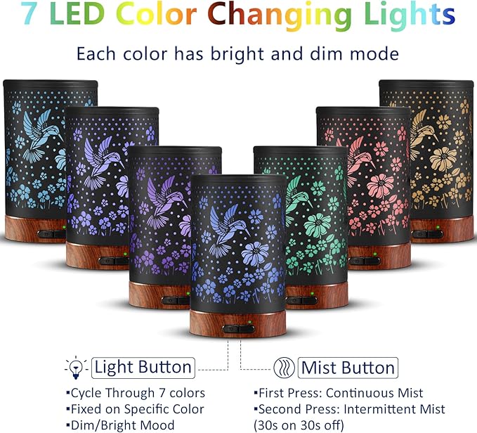 Essential Oil Diffuser Aromatherapy Diffuser - Metal Aroma Diffuser for Home 150ml Ultrasonic Cool Mist Diffuser with 7 Colors Light Auto Shut-Off Protection for Home Office Decor & Gift(Hummingbird) - Bloomnest