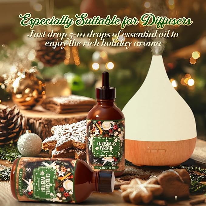 Christmas Wreath Fragrance Oil 4 Fl Oz, Undiluted Winter Essential Oil with Glass Dropper for Diffuser, Humidifier, House Cleaning,Spray,Soap Making,Candle Making,Yoga,Long Lasting Scents - Bloomnest