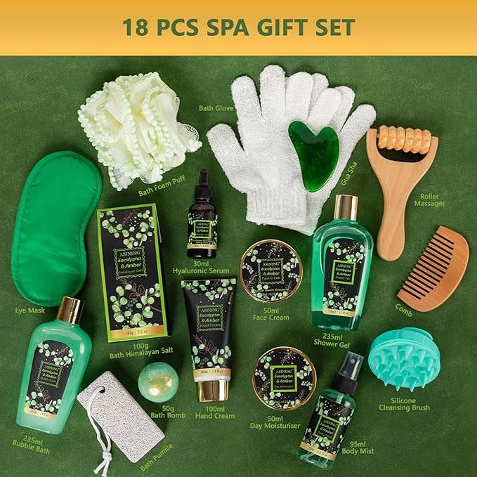 Home Spa Gift Basket, Bath Spa Kit for Women & Men, Bath & Shower Spa Gift Basket Set with Body Lotion, Shower Gel, Bubble Bath, Bath Bomb, Bath Gift Set for Mother, Wife Her, Eucalyptus & Amber Scent - Bloomnest