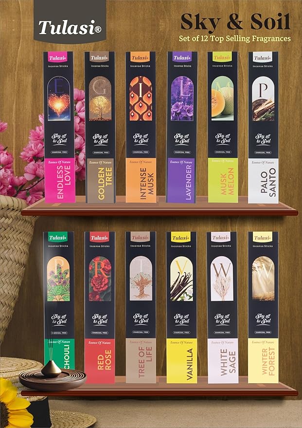 Tulasi Incense Sticks Gift Set – 144 Natural Scented Sticks (12 Fragrances) – Aromatherapy, Meditation, Yoga, Stress Relief, Air Purification – Long-Lasting Fragrance Gift Box (40g) Tulasi
