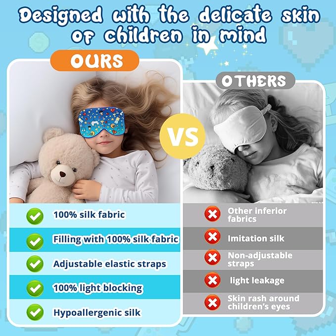 Kids Sleep Mask Eye Cover: 100% Real Natural Pure Silk Eye Mask with Adjustable Strap, Funny Blindfold Kids Eye Mask for Sleeping, Soft & Lightweight Eye Shade for Boys Girls Teens (Games Style) - Bloomnest