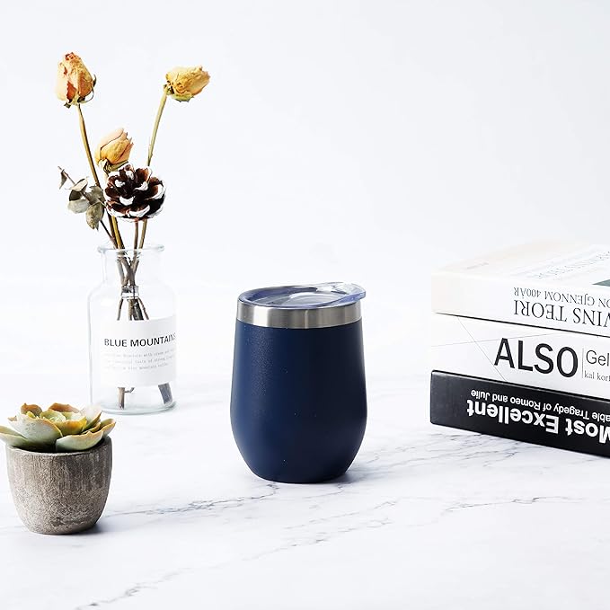 Lifecapido 4 Pack 12Oz Stainless Steel Stemless Wine Glasses, Insulated Wine Tumbler, Stainless Steel Wine Tumbler Cups with Lids and Straws for Coffee, Cocktails, Wine, Champaign, Navy Blue - Bloomnest