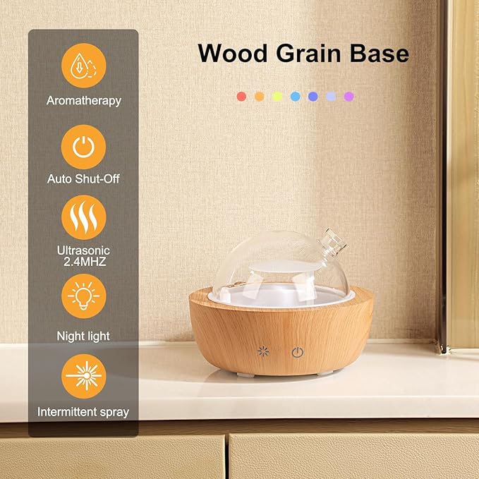 Glass Essential Oil Diffusers for Home, Wood Grain Base Humidifier, Decorative Bedroom Aromatherapy Scent Air Diffuser Ultrasonic Aroma Defusers 200ml（with 3Pcs Essential Oils） kakoda