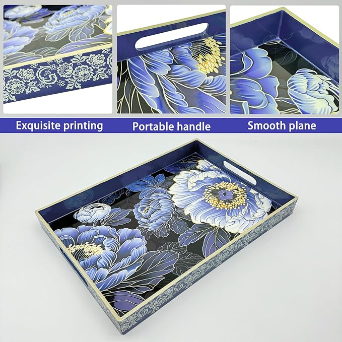 Serving Tray with Handles, 15.7 * 11.8 inches, Plastic Ottoman Tray with Exquisite Paintings, Trays for Coffee Table - Bloomnest