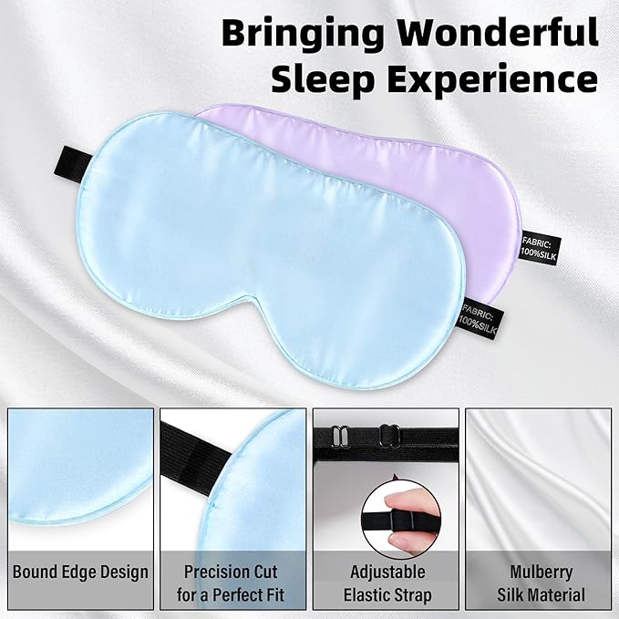 Silk Sleep Eye Mask for Kids, 100% Real Natural Pure Silk Sleeping Masks, Blindfold Sleep Eye Cover with Adjustable Strap, Soft & Lightweight Night Eyeshade for Boys Girls Teens (2 Pack)