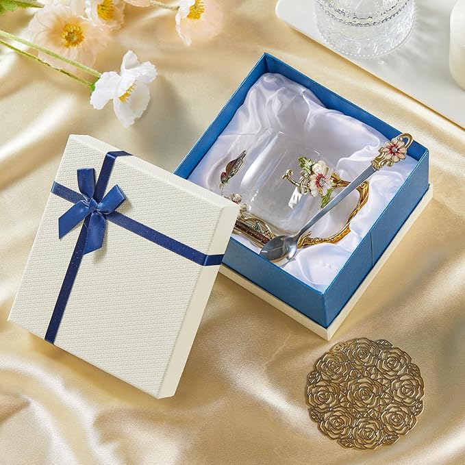 Flower Tea Cup,Clear Glass Fancy Coffee Mug with Spoon,Gift Box for Her Mom Wife Grandma Girls Friends Valentines Christmas Birthday Present Idea for Juice Milk Hot And Cold Drinks Use - Bloomnest