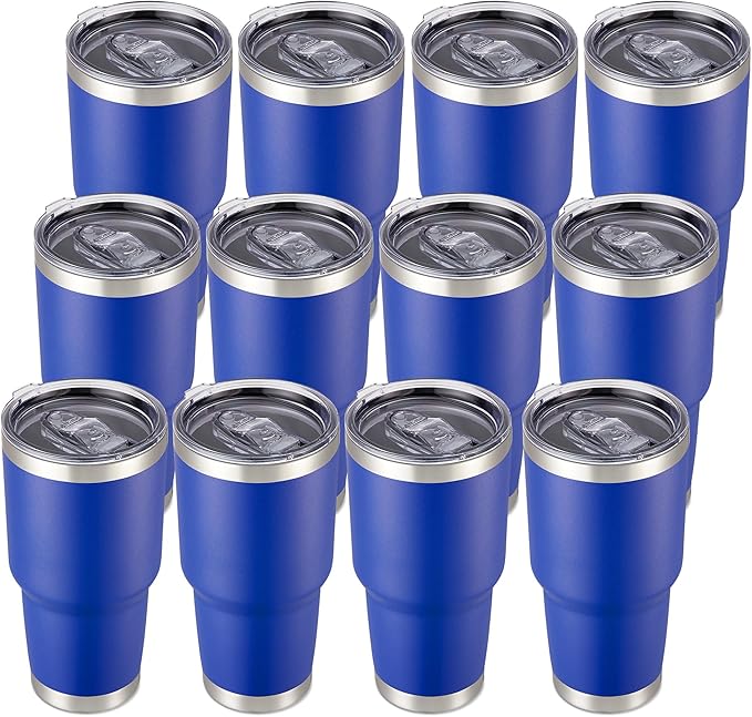 30 oz Tumbler with Lid Stainless Steel Tumblers Bulk Vacuum Insulated Cup Reusable Powder Coated Travel Mug Double Wall Leak Proof Cups Keep Cold Drinks for 12 Hours Blue, Set of 12