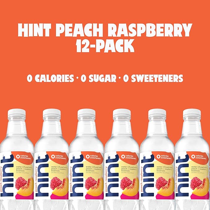 Hint Fruit-Infused Bottled Water, Peach Raspberry - Sugar Free Flavored Water with Zero Calories, Naturally Flavored, and No Artificial Sweeteners - 16 Fl Oz (Pack of 12) - Bloomnest