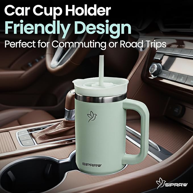 Tumbler with Handle, Insulated Tumbler with Lid and Straw, Stainless Steel Travel Coffee Mug, Cup Holder Friendly, Perfect for Camping, Travelling & Gifting, 30oz, Pastel green - Bloomnest