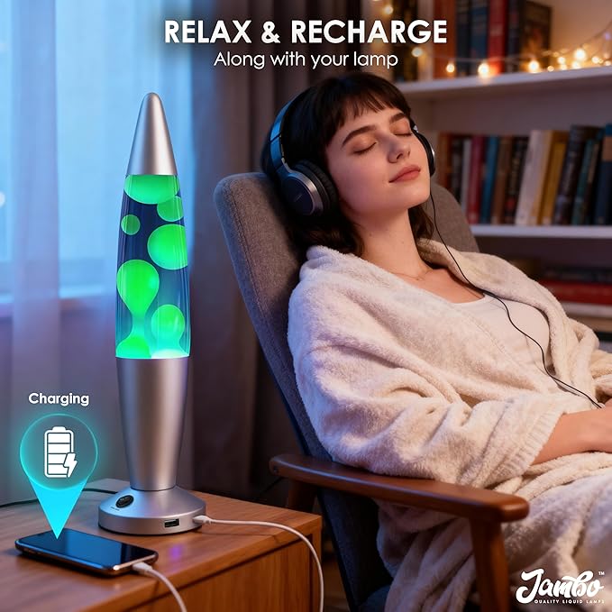 JAMBO Beautiful Liquid Lamp with USB Ports, 16" Motion Light with Blue Liquid Yellow Wax, Relaxing Nightlight, Mood Light for Bedroom, Living Room, Office - Adults, Teens, Kids - Bloomnest