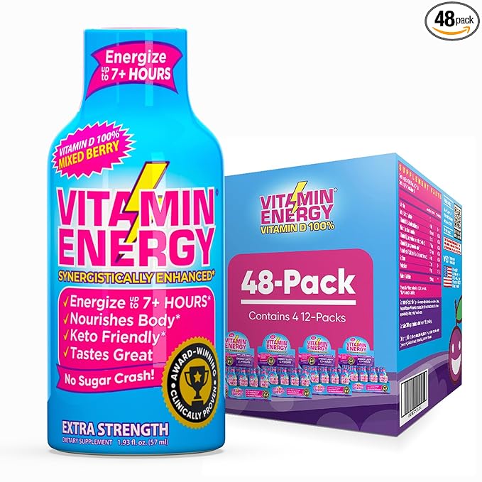 Vitamin Energy Vitamin D Extra Strength Energy Shot Mixed Berry 48 Pack, 260mg Natural Caffeine, B-Complex, Vitamin D, Wellness Support, Keto, Zero Sugar, Gluten-Free Vegan Kosher, 1.93 fl oz - Bloomnest