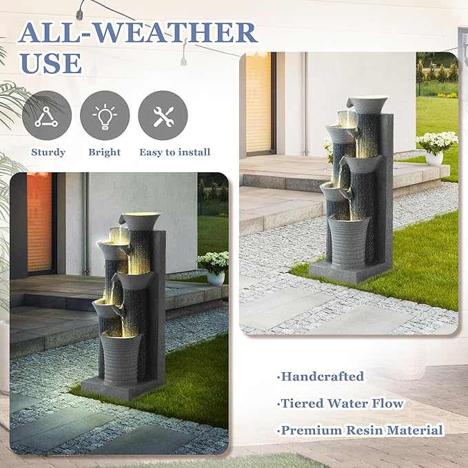 Grepatio Outdoor 5-Tiers Cascading Water Fountain, Garden Waterfalls Fountain with LED Lights, 24" H Modern Indoor Floor Standing Water Fountains with Pump for Patio, Yard, Deck Decor (Greyish Black) - Bloomnest