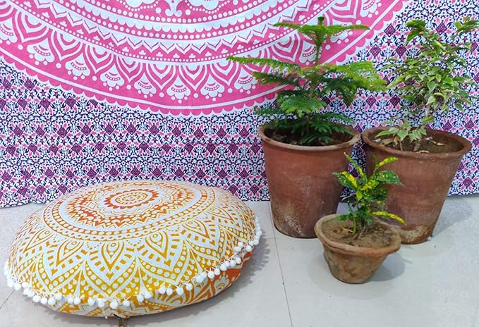 INDIAN CRAFT CASTLE 24" Yellow Ombre Mandala Barmeri Large Floor Pillow Cover Cushion Meditation Seating Ottoman Throw Cover Hippie Decorative Zipped Bohemian Pouf Ottoman Pom Pom Cases 24" Round - Bloomnest