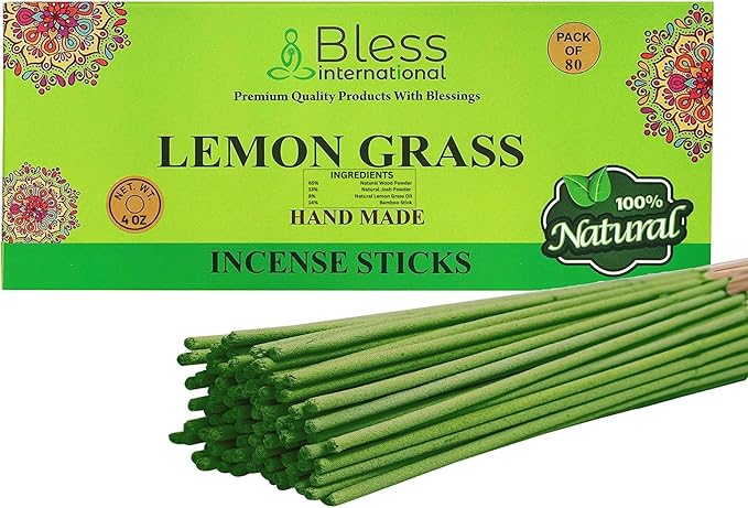Bless-Lemon-Grass 100%-Natural-Handmade-Hand-Dipped-Incense-Sticks Organic-Chemicals-Charcoal-Free Purification-Relaxation-Positivity-Yoga-Meditation Best-Woods-Scent (80 Sticks (4.20 OZ)) BlessInternational