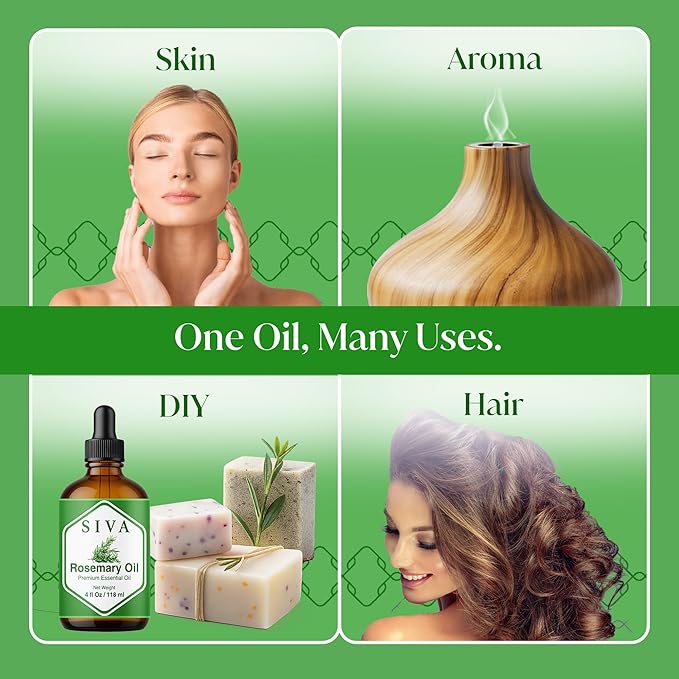 Siva Rosemary Essential Oil - 4 Fl Oz – 100% Natural Rosemary Oil - for Diffuser, Face, Skin Care, Aromatherapy, Hair Care, Scalp and Body Massage - with Dropper - Bloomnest