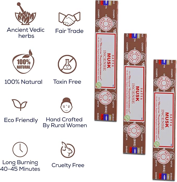 Satya Musk Incense Sticks, Satya Bng Insenses 15gmx12 Pack with Raajsee Incense Holder Bundle, Satya Nagchampa Natural Incense - Bloomnest