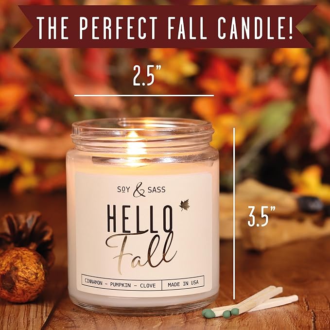 Fall Candles - 'Hello Fall Scented Candle' w/Cinnamon, Pumpkin & Fir I Infused with Essential Oils Autumn Scented Soy Candles for Home Décor, 9oz Reusable Jar, 50Hr Burn, Made in USA - Bloomnest