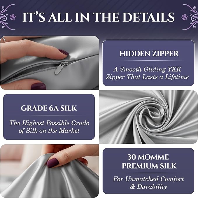DECOLURE 100% Pure Mulberry Silk Pillow Case Queen Size – Highest Grade 30 Momme 6A+, Luxuriously Soft & Cooling Silk Pillowcase for Hair & Skin, Hypoallergenic, Breathable, Hidden Zipper (Silver) - Bloomnest