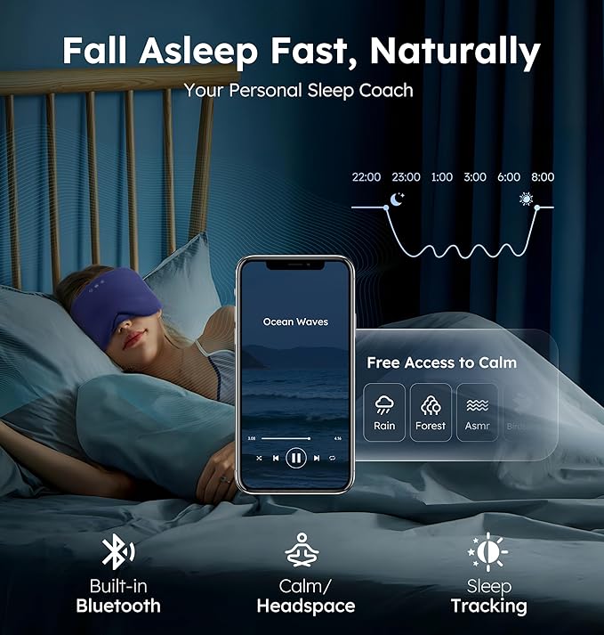 Luxury Bluetooth 5.4 Sleep Mask for Adults - Ice Fiber Cooling & HD Sound, 100% Light Blocking Adjustable Eye Cover for Travel & Side Sleepers - Soft Sleep Headphones with 10H Playtime - Bloomnest