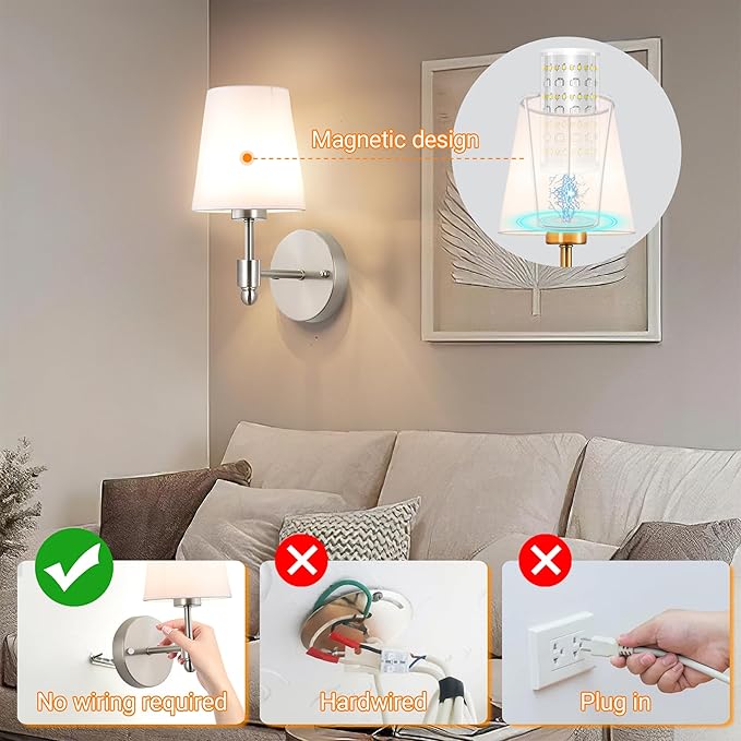 Battery Operated Wall Sconces Set Of 2, Wireless Battery Wall Light With 10000mAh RGB Rechargeable Magnetic Bulb, Rechargeable Wall Sconce With Remote Control For Bedroom, No Electrician Required - Bloomnest