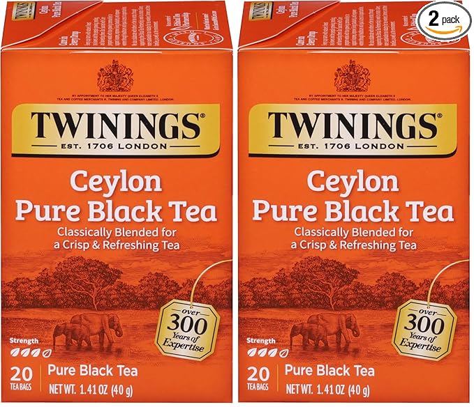 Twinings Ceylon Pure Black Tea Individually Wrapped Bags, 20 Count (Pack of 2), formerly Ceylon Orange Pekoe, Crisp, Refreshing, Caffeinated, Enjoy Hot or Iced, 20 Teabags - Bloomnest