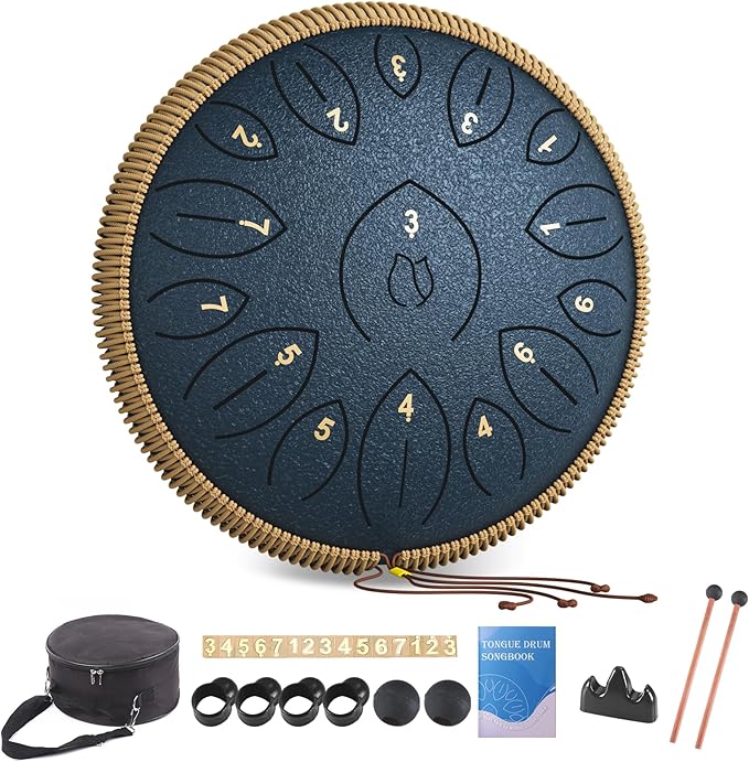 Steel Tongue Drum 12 Inch 15 Notes, Steel Drums Instruments for Kids Adults, Hand Pan Drum with Music Book, Drum Mallets and Carry Bag, Handpan C Major, Navy Blue - Bloomnest