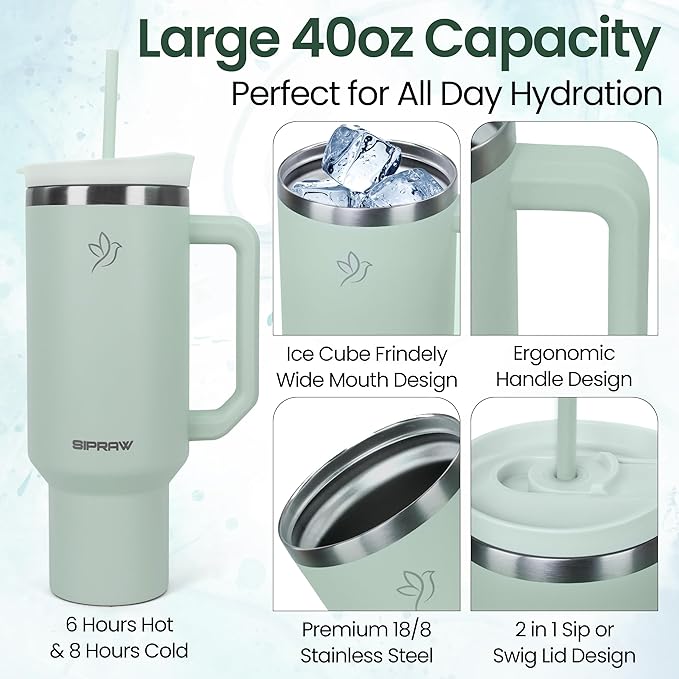Tumbler with Handle, Insulated Tumbler with Lid and Straw, Stainless Steel Travel Coffee Mug, Cup Holder Friendly, Perfect for Camping, Travelling & Gifting, 40oz, Pastel green - Bloomnest