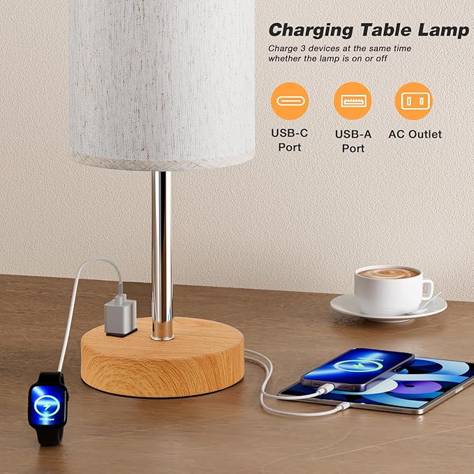 Fenmzee Touch Table Lamp - Cream, 3-Way Dimmable, USB A + C Charging, AC Outlet, 17.4inch Medium, Wood Grain Base - Bloomnest