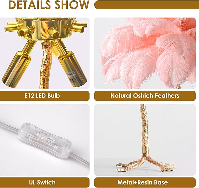 MAYOLA Modern Ostrich Feather Table Lamp with Plug in Wire,3-Light Bedside Floor Lamp for Living Room, Bedroom and Office 24” Tall Feather Desk Lamp (Pink, Table Lamp-Resin) - Bloomnest