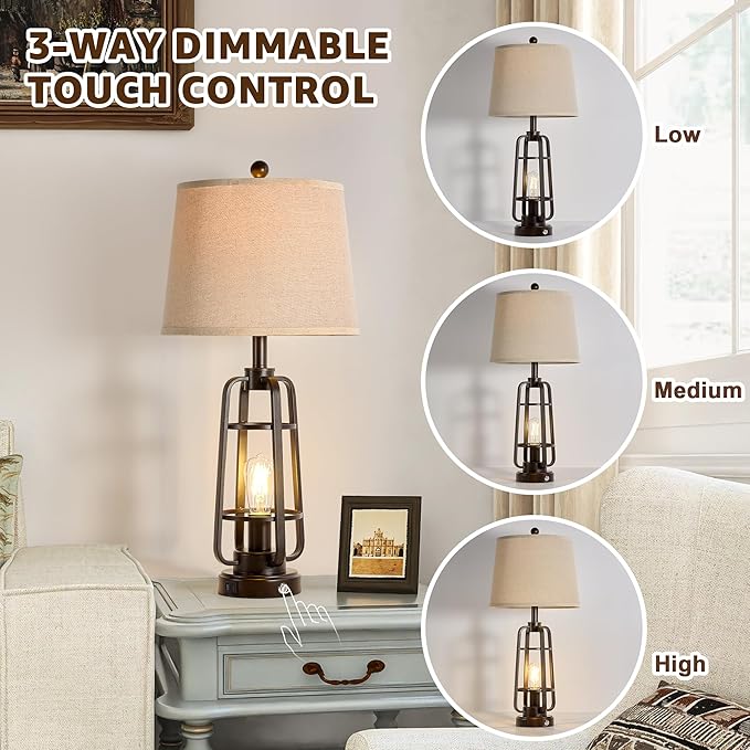 28.7" Table Lamps for Living Room Set of 2, Touch Lamps for Bedrooms with USB C+A Charging Ports, Farmhouse Lamps for Nightstands with Oil Rubbed Bronze Finish, Bulbs Included - Bloomnest