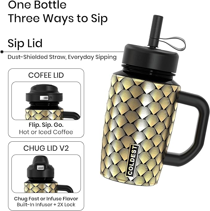 Coldest Tumbler with Handle & Coffee Lid - 100% Spill Proof Tumbler (3 Lids) - Stainless Steel Insulated Leakproof Tumblers for Women & Men - Cup Holder Friendly - 15 oz (Gold Dragon) - Bloomnest