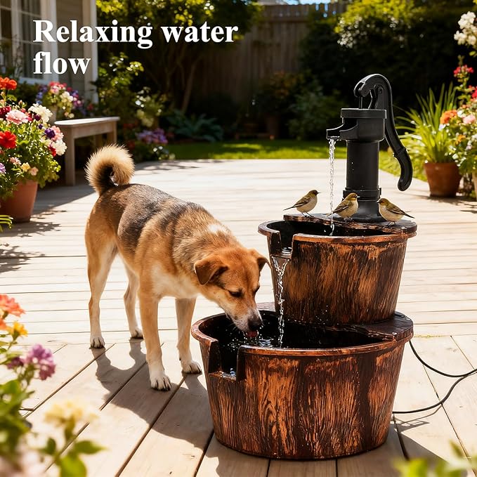 Athena Collection 27'' Height Electric Waterfall Fountain 2 Tier Stepped Barrel Vintage Fountain Polypropylene with Pump Freestanding Floor Tabletop Fountain for Outside, Patio, Garden, Bronze - Bloomnest