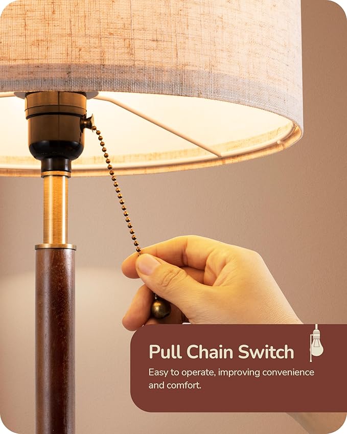 EDISHINE Mid Century Table Lamp, Bedside Lamp with Pull Chain Switch, Solid Wood & Metal Pole, Modern Nightstand Table Lamp for Living Room, Bedroom, Office, Frosted Bronze & Wood Finish - Bloomnest