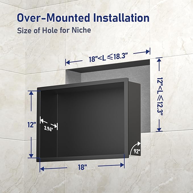 Stainless Steel Shower Niche 18" X 12" Matte Black No Tile Needed Niche Shower for Bathroom Storage Recessed Wall Shelf Over Mount Installation - Bloomnest