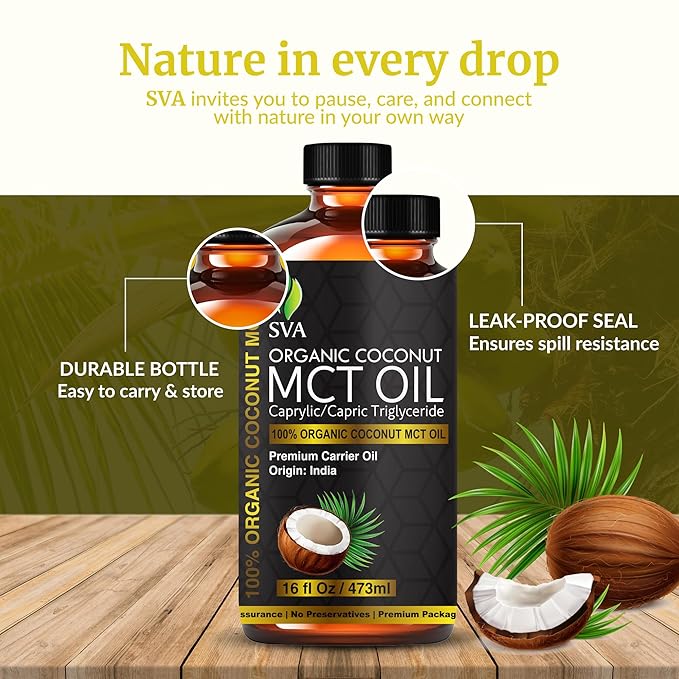 SVA MCT Oil Organic - 16 Fl Oz – 100% Natural Cold Pressed Organic MCT Oil - for Face, Skin Care, Hair Care, Scalp Massage & Body Massage – Carrier Oil - Bloomnest