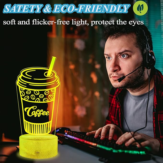 Coffee Gift, Coffee Cup Decor, 3D Illusion Night Light Lamp, 16 Colors Changing, Remote Control, Dimmable, Cafe Shop Room Decoration - Bloomnest