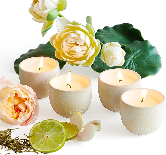 BLUEME Balance-White Lotus & Tea, Focus-Eucalyptus & Lime, Nostalgia-Bergamot & Musk, Calm-Osmanthus & Sandalwood, 4pk Wellness Travel Candle Votive, Sustainable, Contains Essential Oil, Soy-Wax Blend - Bloomnest