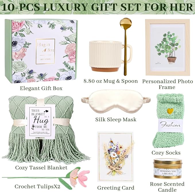 Get Well Soon Gift Baskets Self Care Package after Surgery, Christmas Birthday Gifts for Women, Hug in a Box Sympathy Gift Baskets Relaxation Thinking of You Feel Better Gifts for Women, Sage Green - Bloomnest
