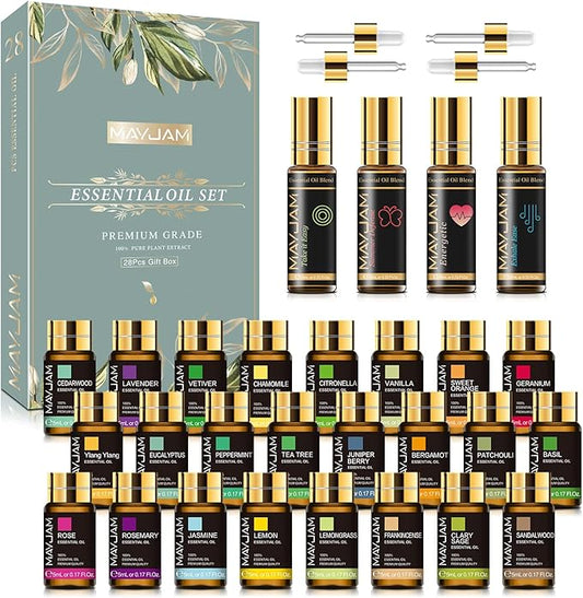 MAYJAM Top 28 Essential Oil Set for Diffuser Massage, 24x5ml Essential Oil Singles, 4x10ml Essential Oil Blends for Home Office Yoga - Bloomnest