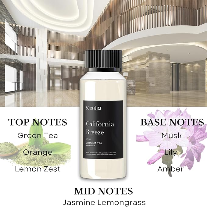 Scentia Hotel Diffuser Oil Inspired by The Delano Beach Club Hotel Scent - 120 mL 4.06 fl oz - Fragrance Oil Blend Orange, Green Tea & Jasmine for Aromatherapy Diffusers - California Breeze - Bloomnest