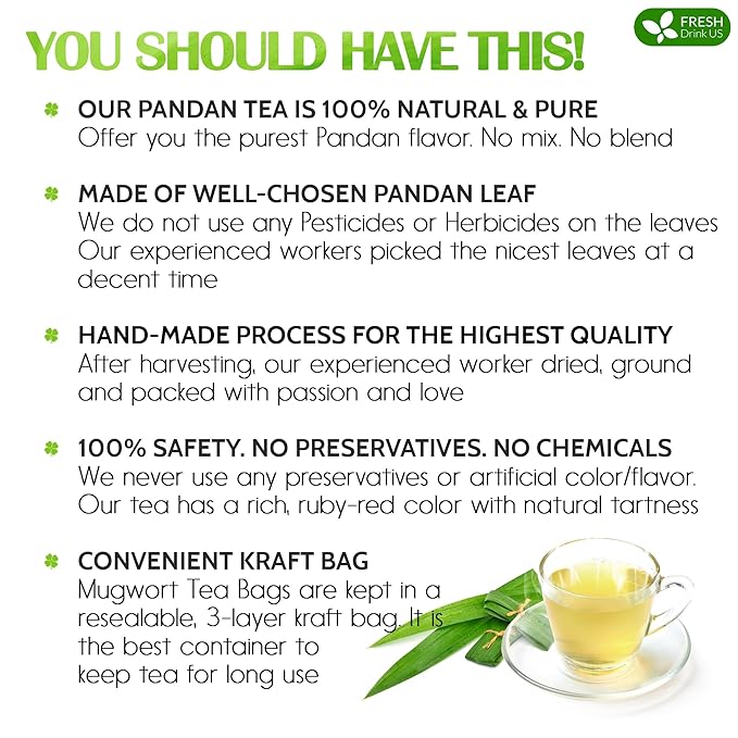 FreshDrinkUS, Premium 15 Pandan Leaf Tea Bags, 100% Natural & Pure from Pandan Leaves. Loose Leaf Pandan Herbal Tea. Made with Natural Material Tea Bags. No Sugar, No Caffeine, No Gluten, Vegan. (15 Tea bags) - Bloomnest