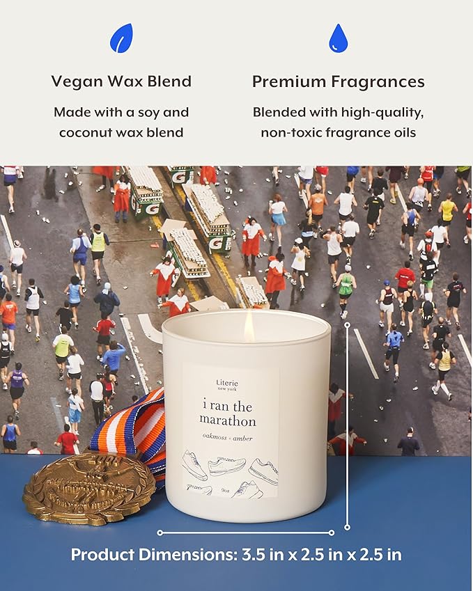 Literie NYC Inspired Scented Candle: I Ran The Marathon - Oakmoss & Amber Scent, 9oz, 50 Hour Burn, Vegan Soy & Coconut Blend Candle for Home Decor, Gift for Women & Men - Bloomnest