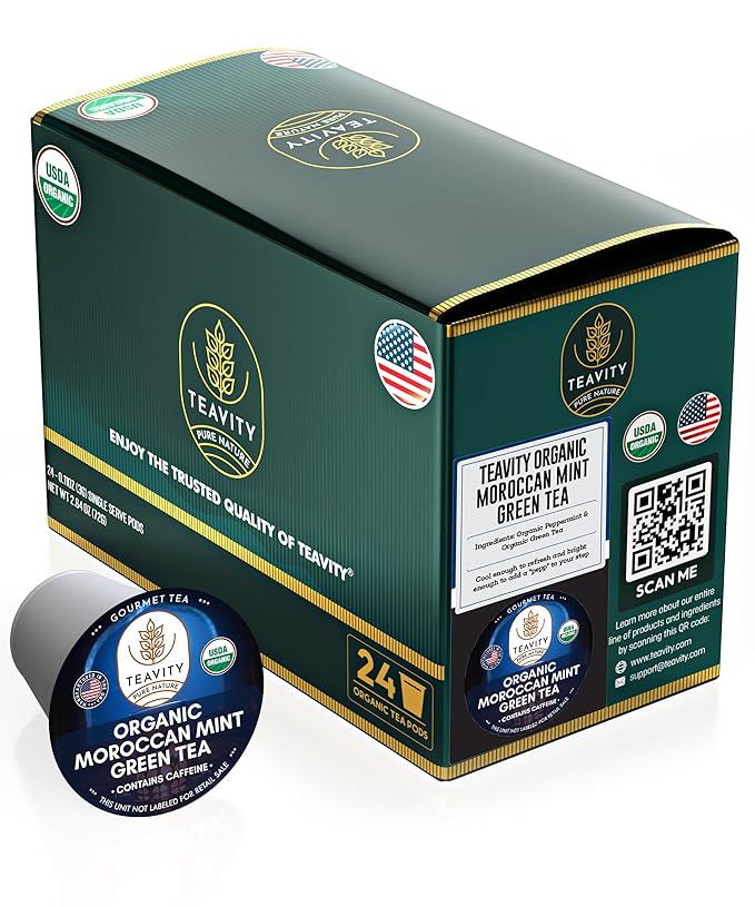 Organic Moroccan Mint Tea and Green Tea Pods for Keurig - Caffeinated Unsweet Tea for K Cup Brewing by Teavity (24 Tea Pods) - Bloomnest