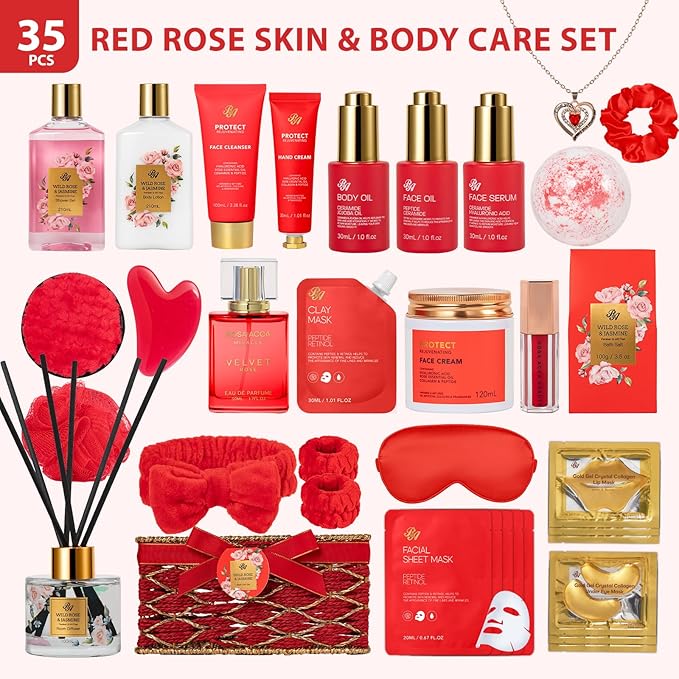 35 Pcs Valentines Day Gift for Women, Red Rose Bath and Body Basket Gift, Face Skin Care Kit, Home Spa Self Care, Lip Gloss, Diffuser, Necklace, Birthday, Christmas, Mother, Bridal Shower, Anniversary - Bloomnest