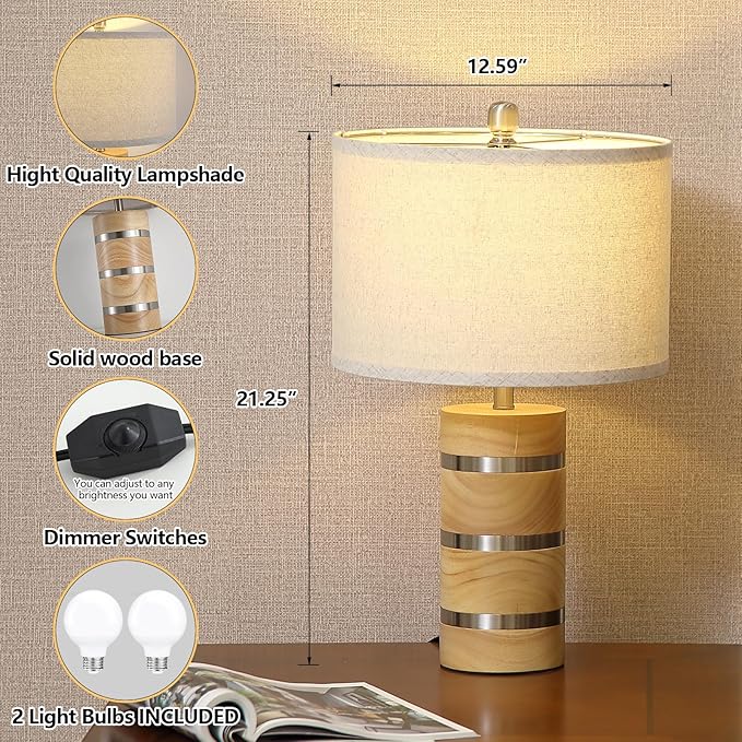 Retro Table Lamp,Farmhouse Nightstand Lamp,Rustic Wood Bedside Lamps,Desk Lamp for Bedroom Living Room Patio Hallway Hotel,UL Listed,Bulbs Included,Set of 2 - Bloomnest